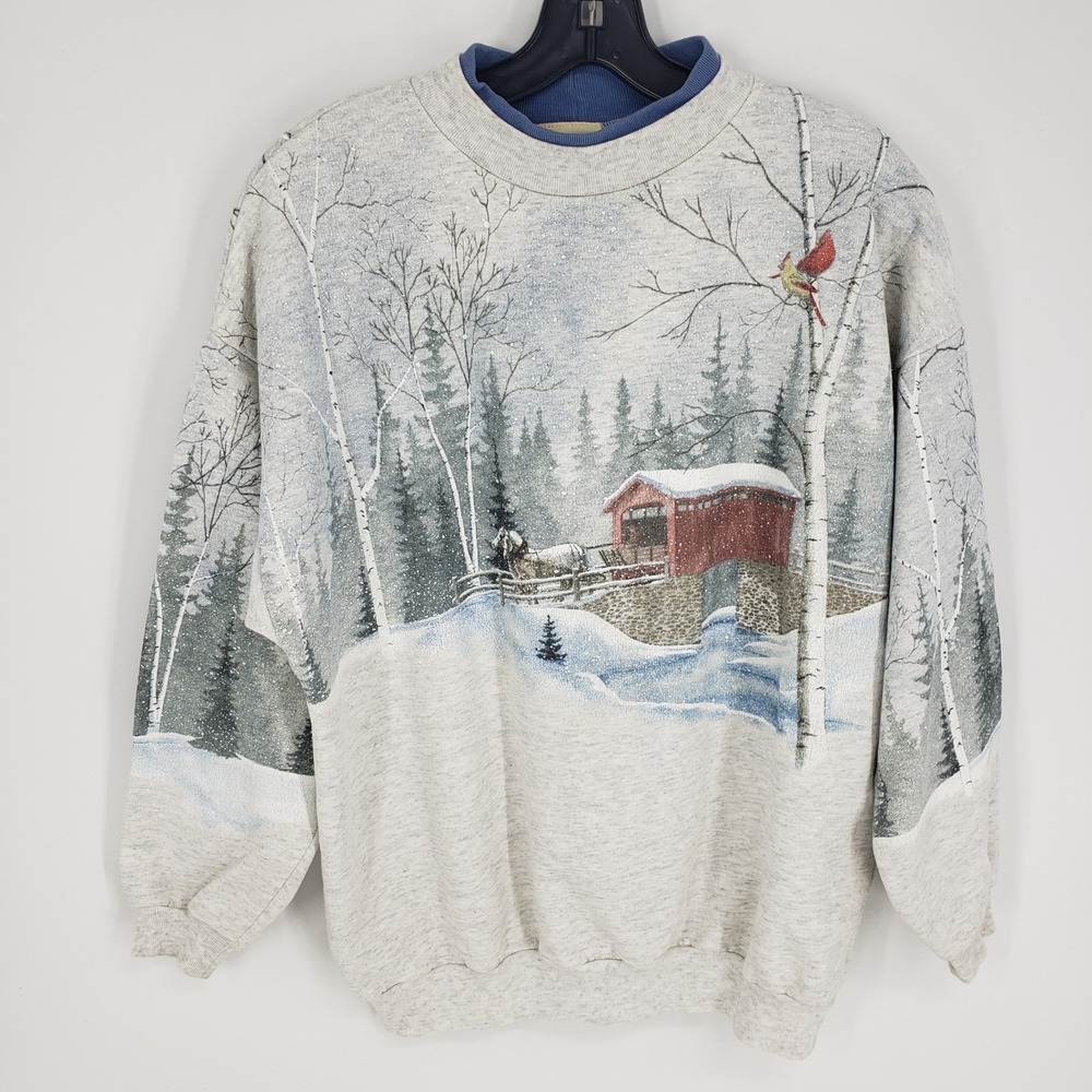 Vintage 90s Artisans Winter Snow Covered Bridge Sweatshirt Women L Grey Graphic
